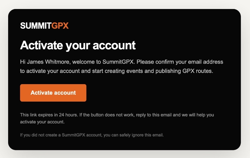 Screenshot of a SummitGPX activation email