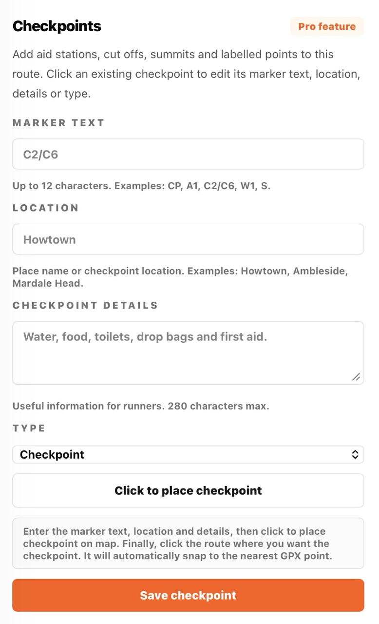 Screenshot of checkpoint form showing Marker text, Location, Details and Type fields