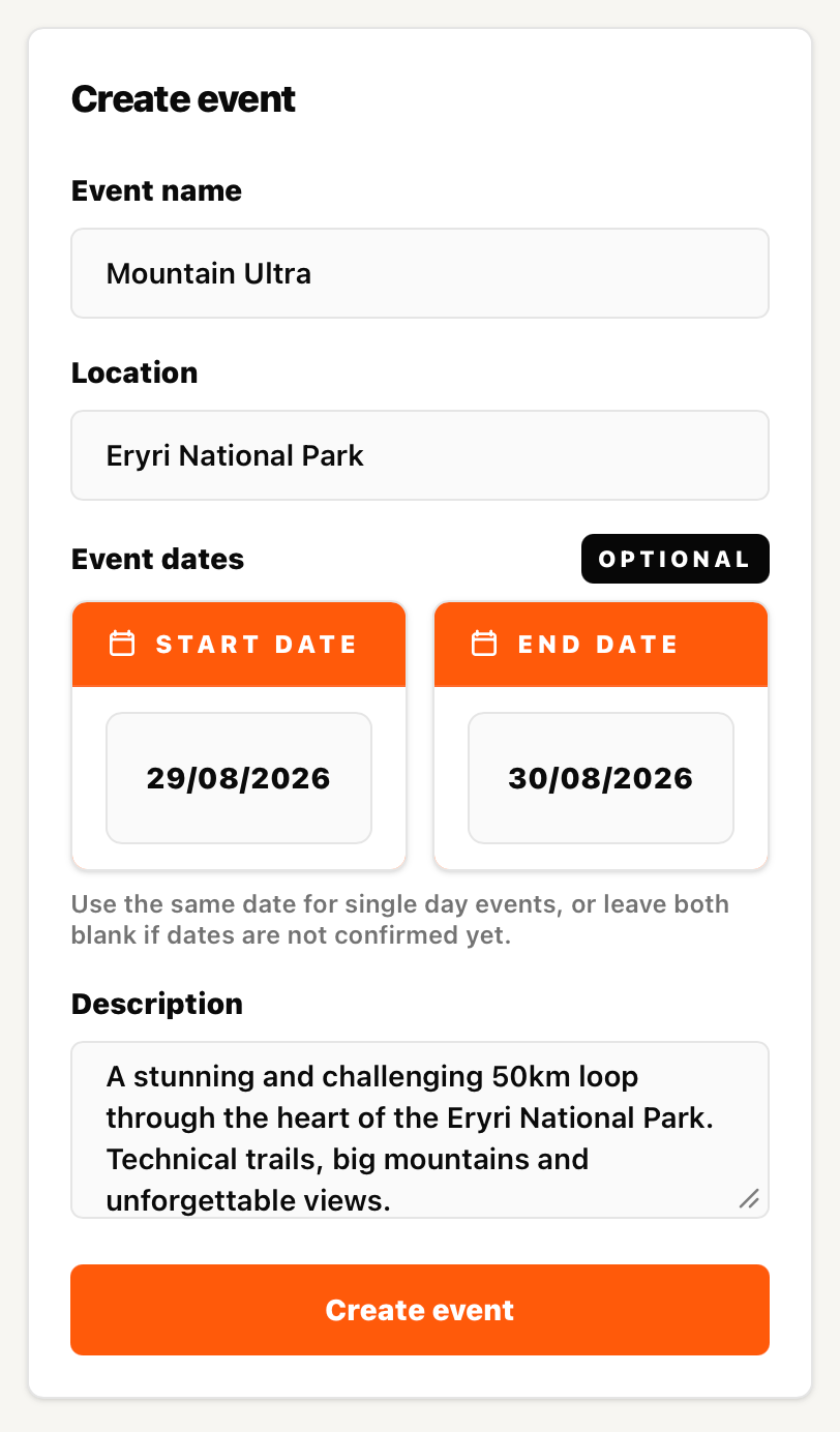 Screenshot of completing event details in SummitGPX