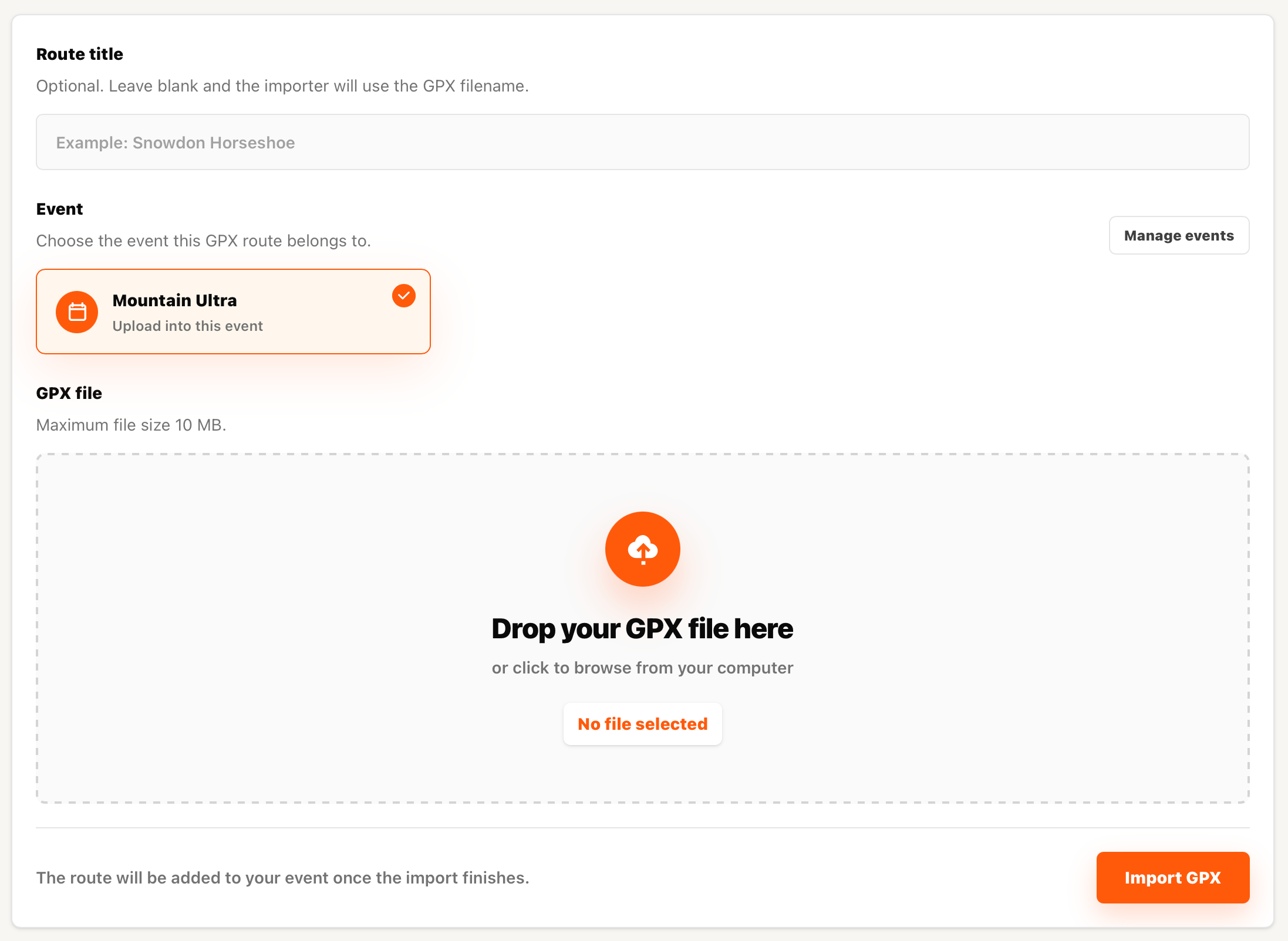 Screenshot of route sharing options in SummitGPX