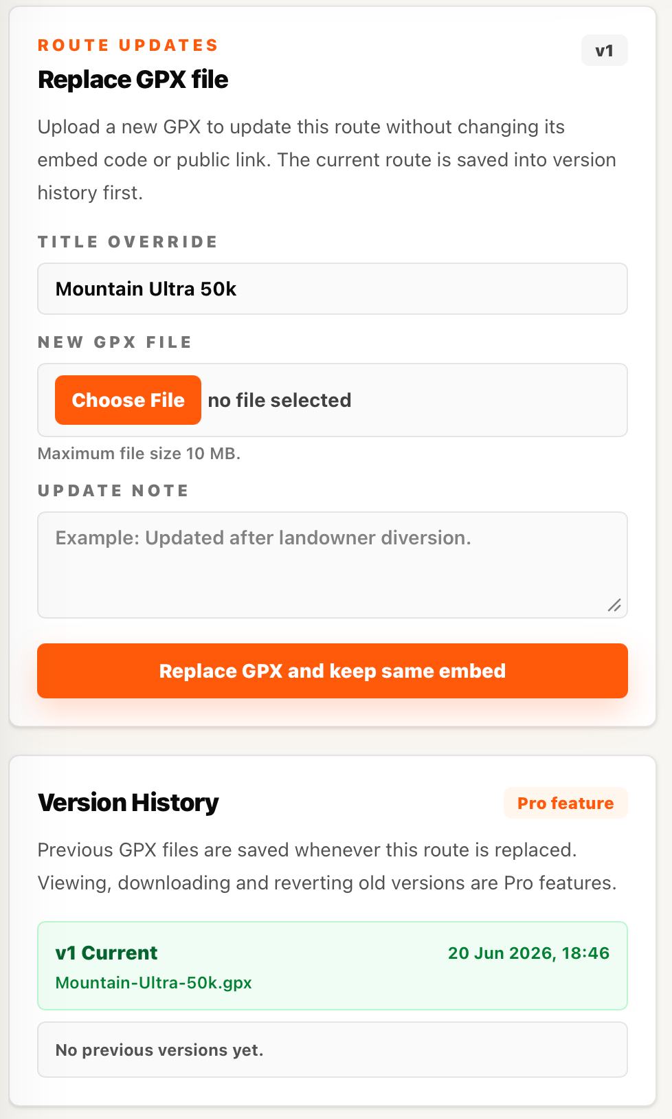Screenshot of route update information