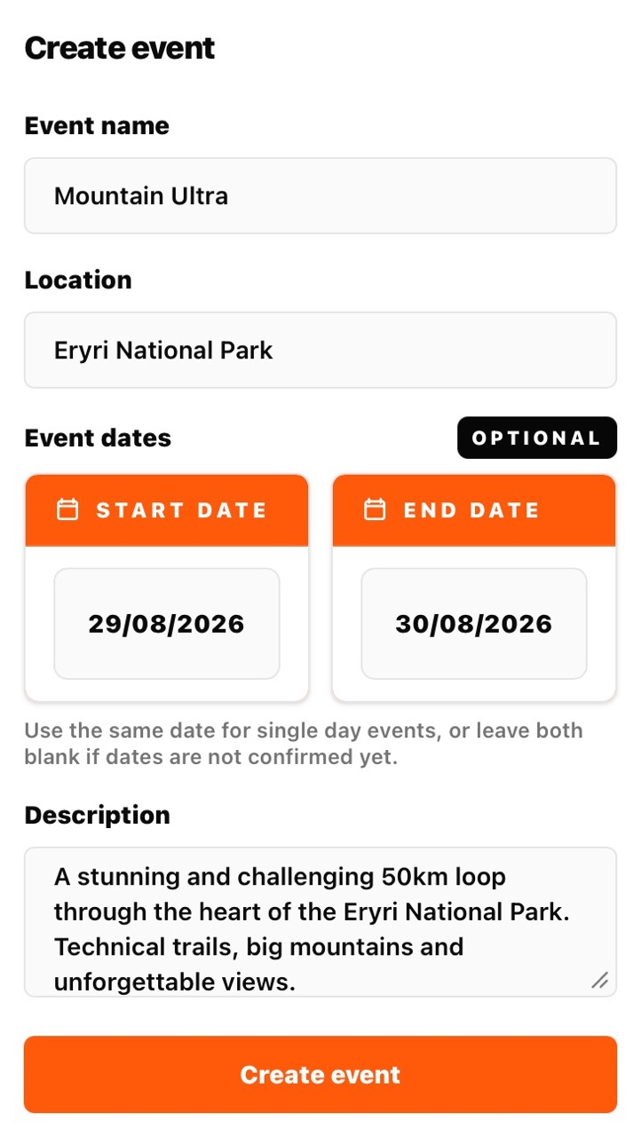 Screenshot of completing event details in SummitGPX