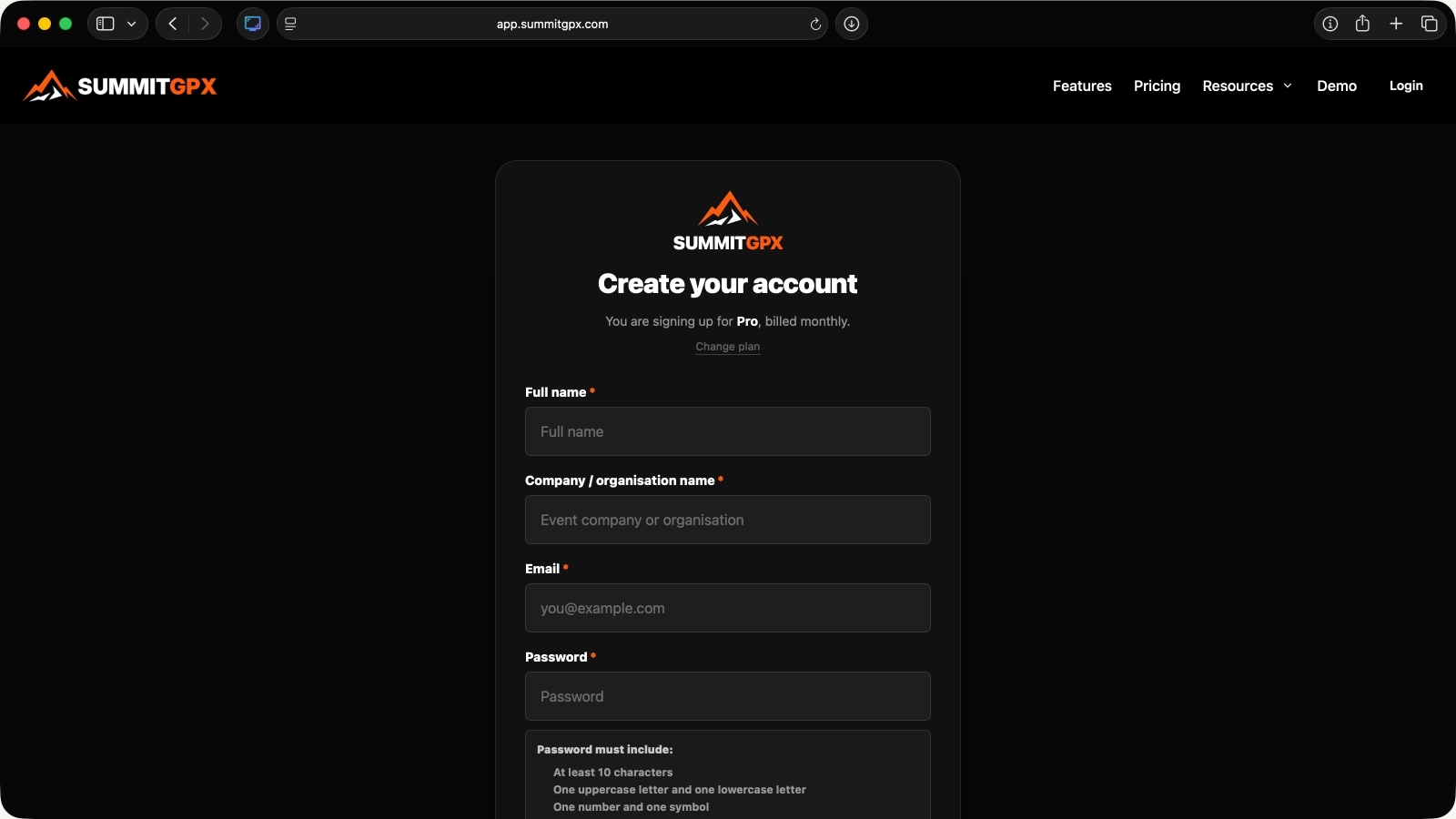 Screenshot of the SummitGPX account registration form