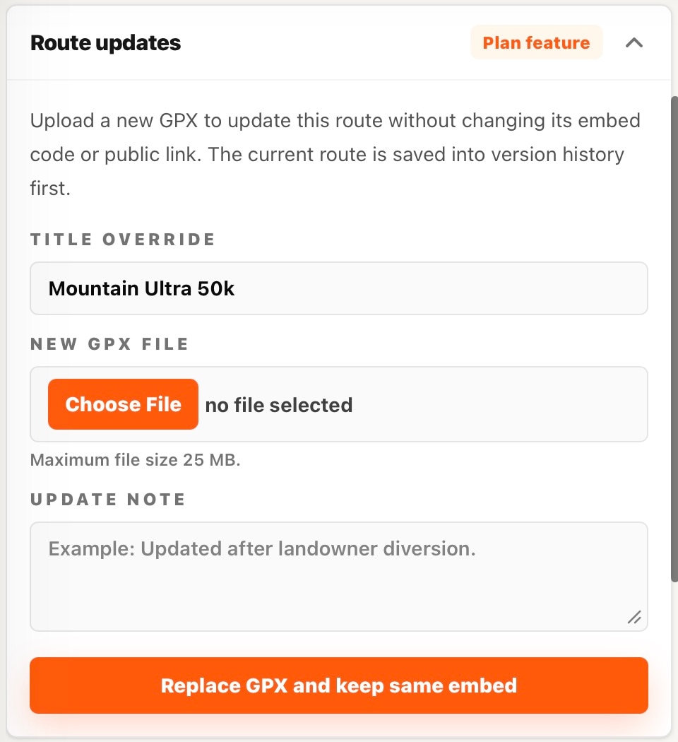 Route updates panel with GPX file, update note and replacement button