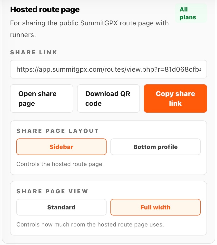 Hosted route page panel with Download QR code and Copy share link