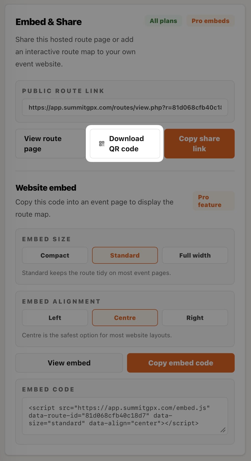 Screenshot of the SummitGPX QR code download control