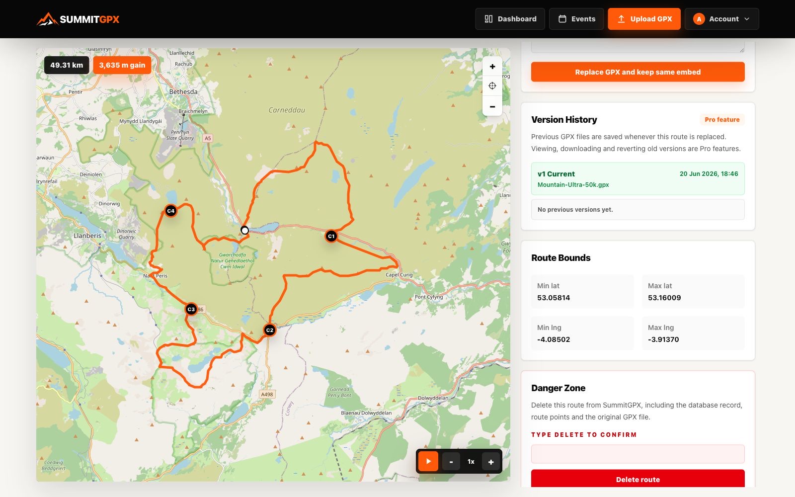 Screenshot of the SummitGPX route version history list