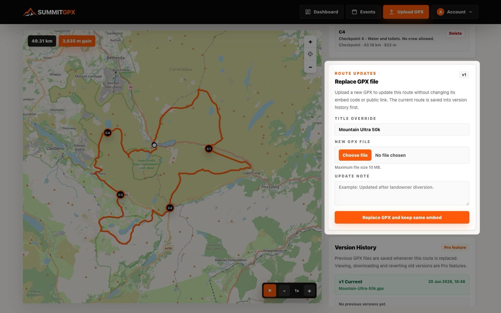 Screenshot of the SummitGPX route update form