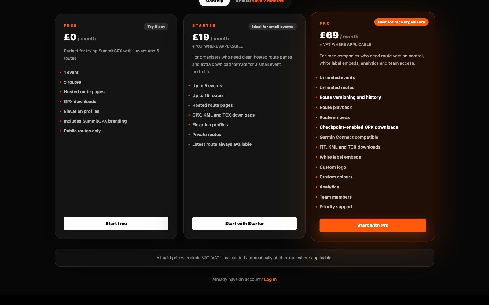 Screenshot of SummitGPX VAT information on pricing