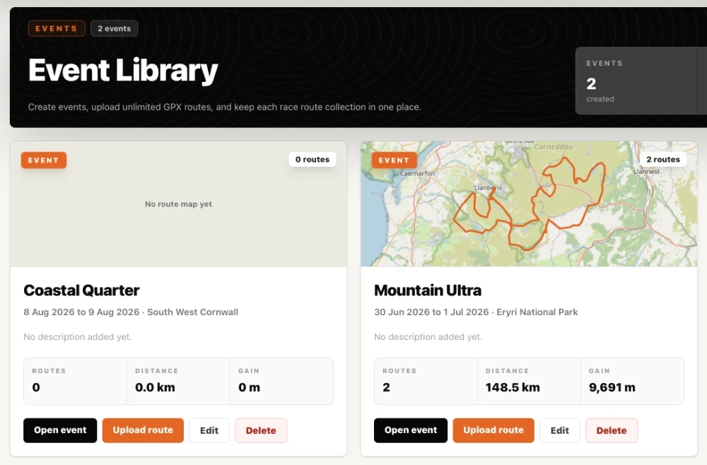 Screenshot of the SummitGPX event library