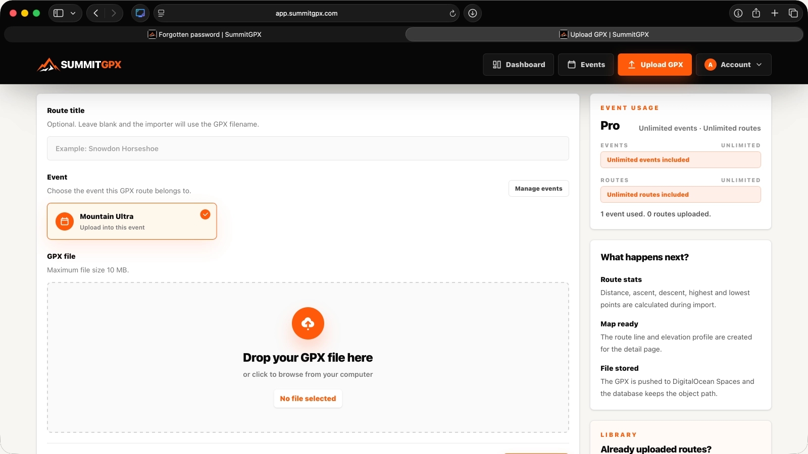 Screenshot of the first route workflow