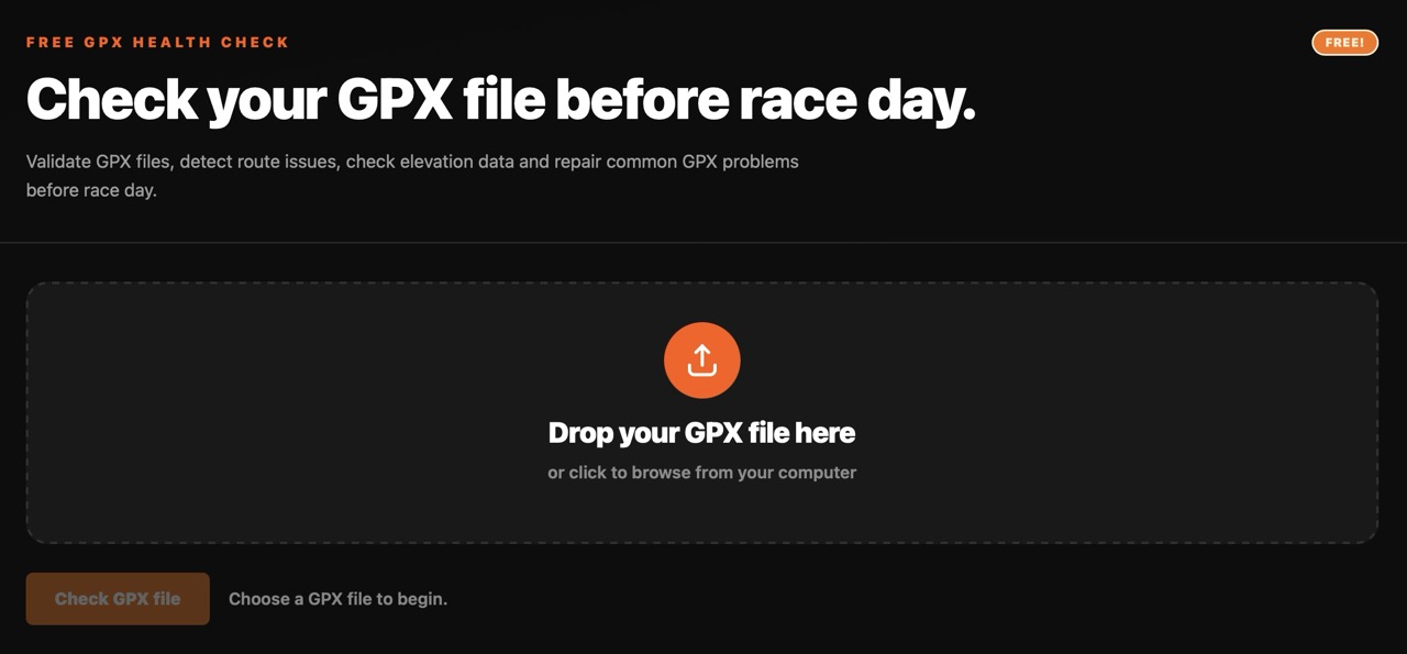 Screenshot of GPX Health Check upload panel before adding a route