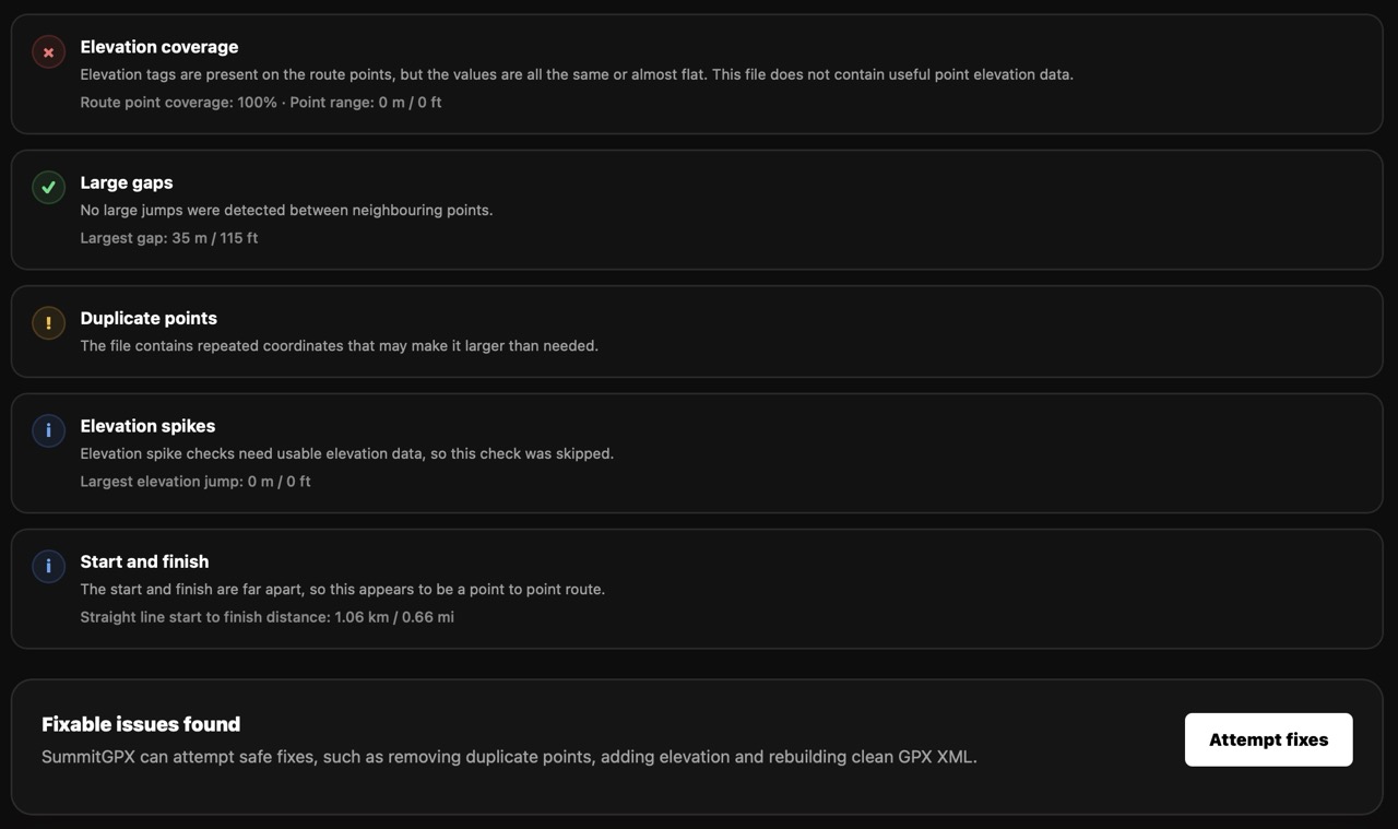 Screenshot of GPX Health Check results showing warnings and repair available