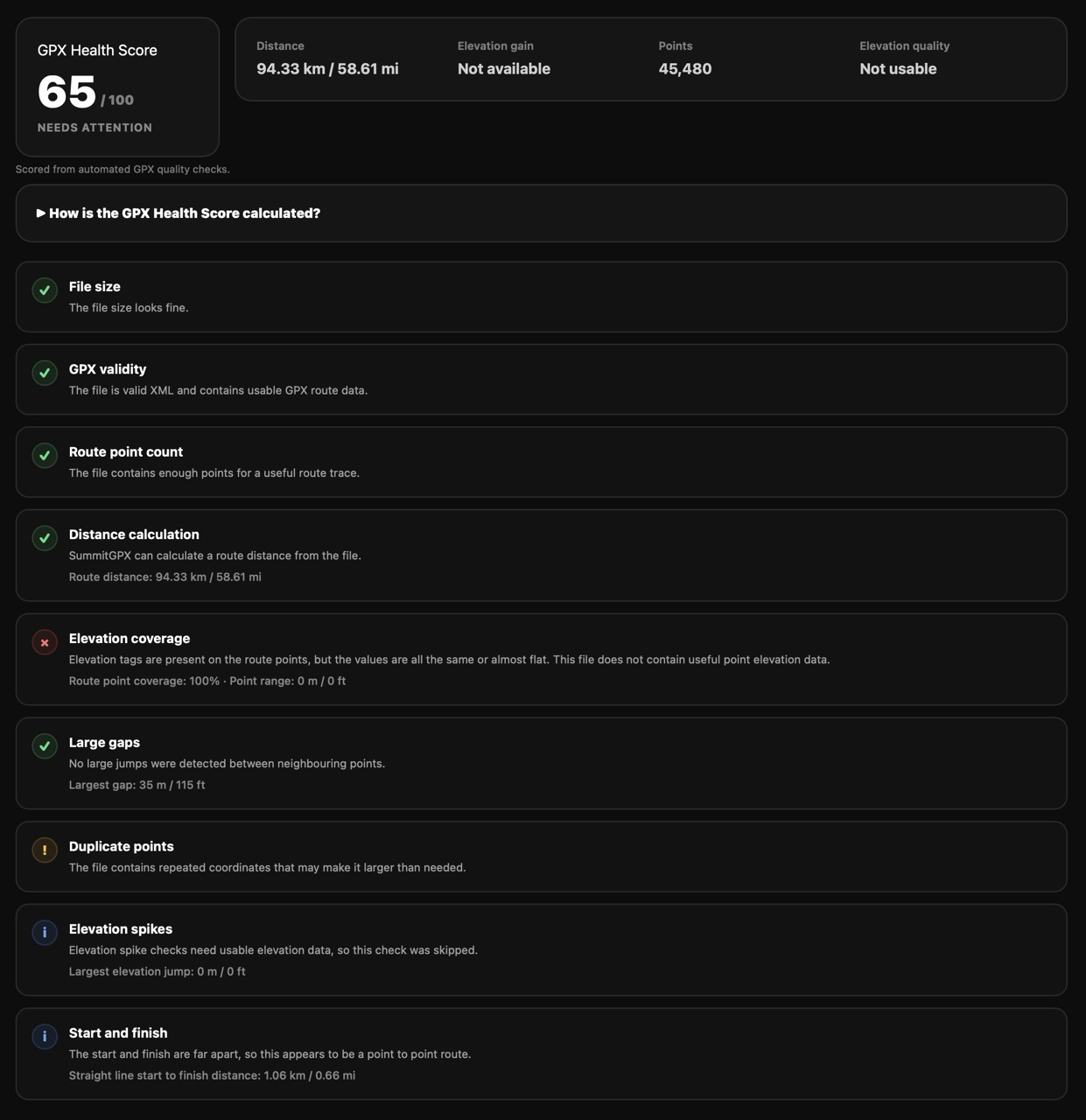 Screenshot of GPX Health Check results showing score, grade, warnings and repair availability