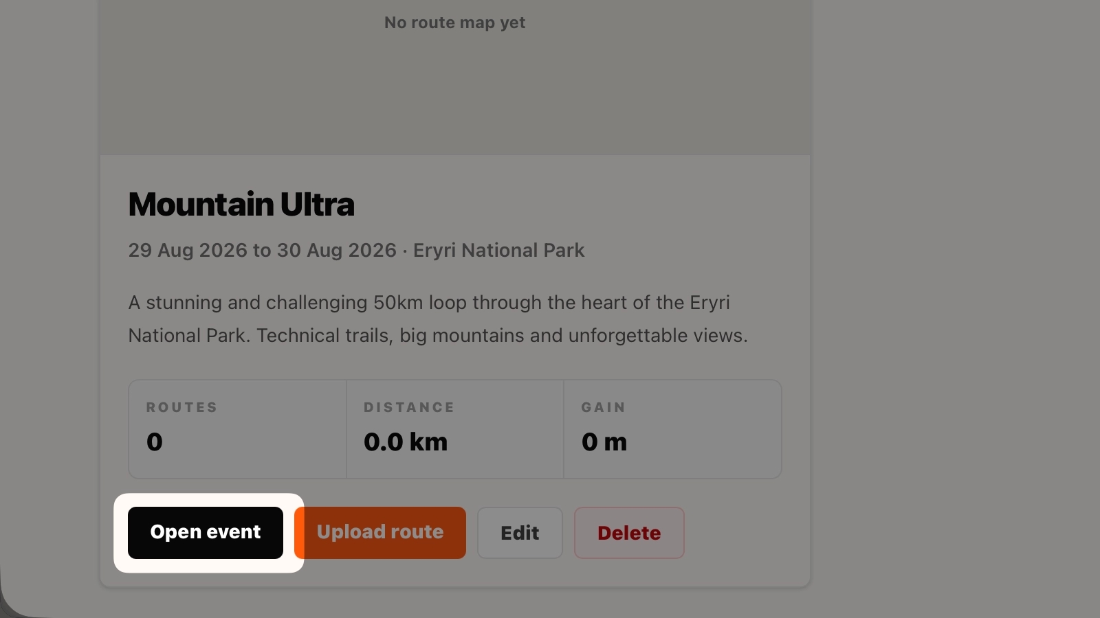 Screenshot of opening an event in SummitGPX