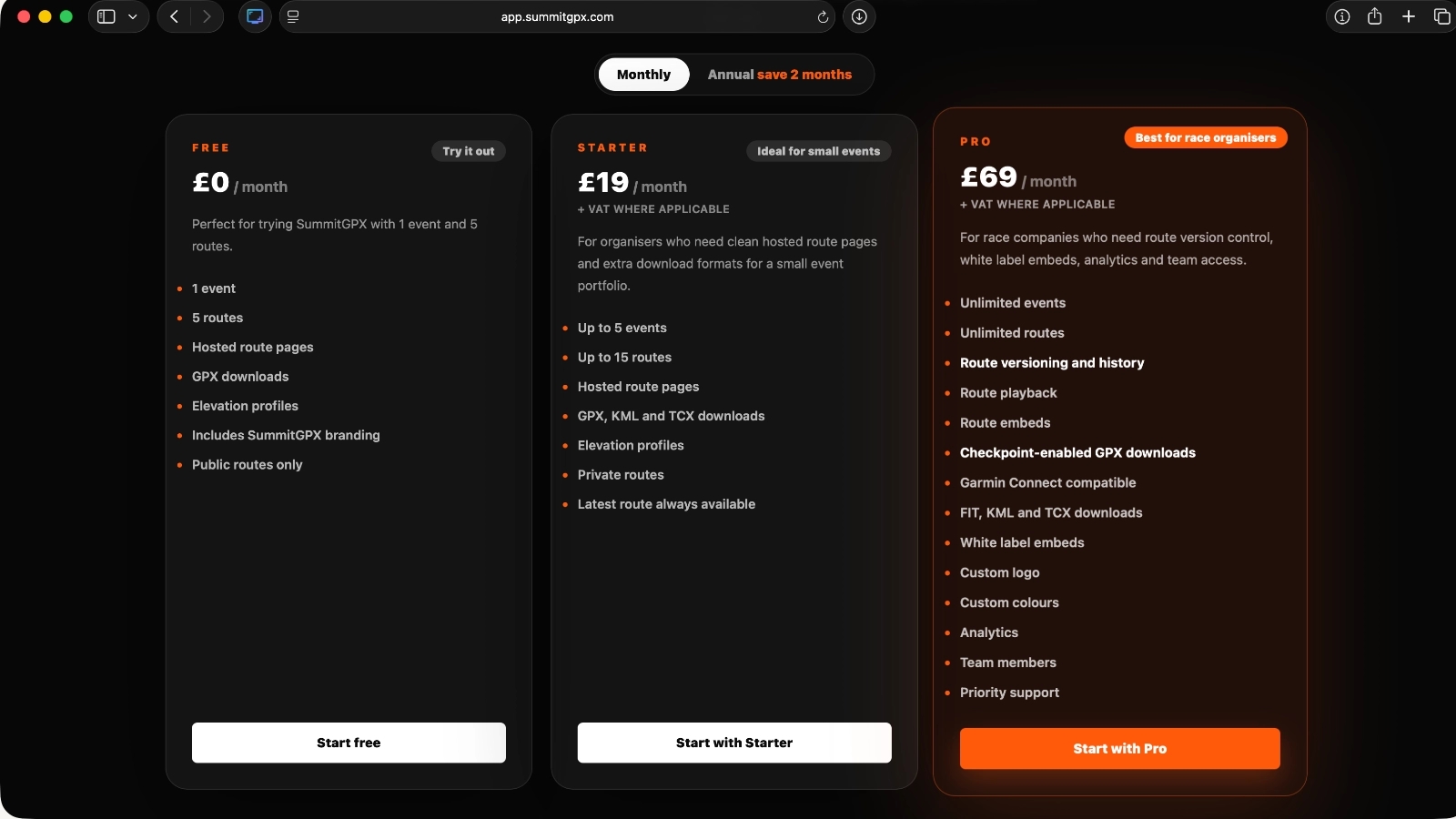 Screenshot of SummitGPX pricing plans