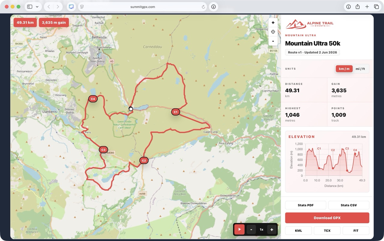 Screenshot of Public route page showing download buttons, checkpoint markers and route playback