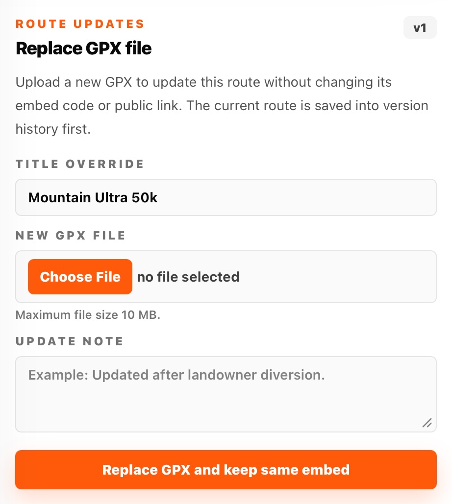 Screenshot of route update information