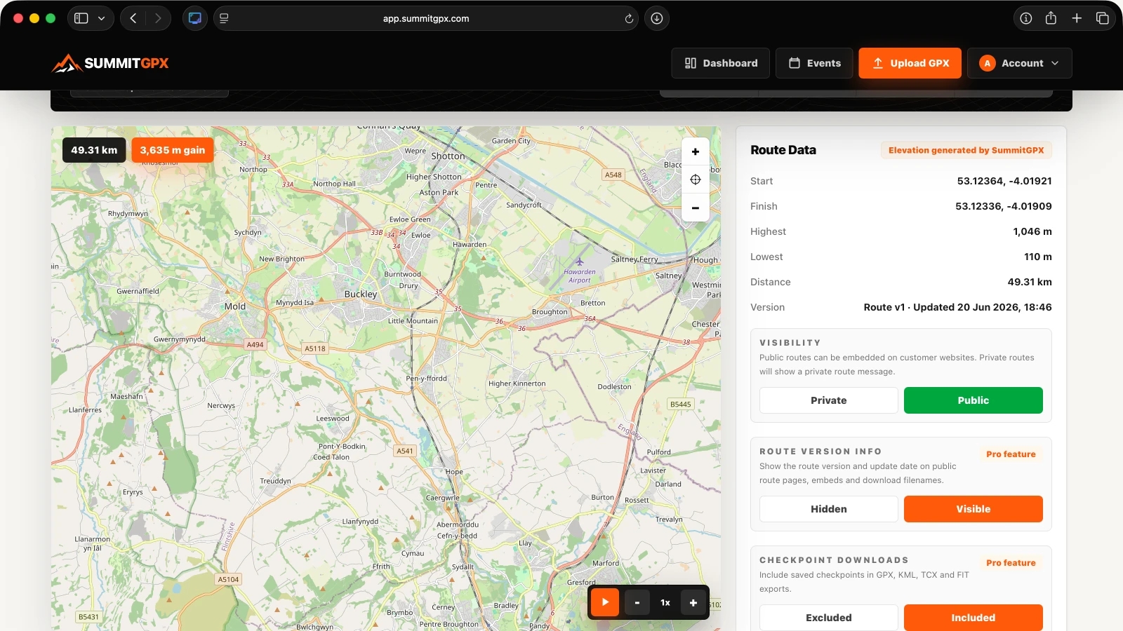 Screenshot of reviewing a processed route in SummitGPX