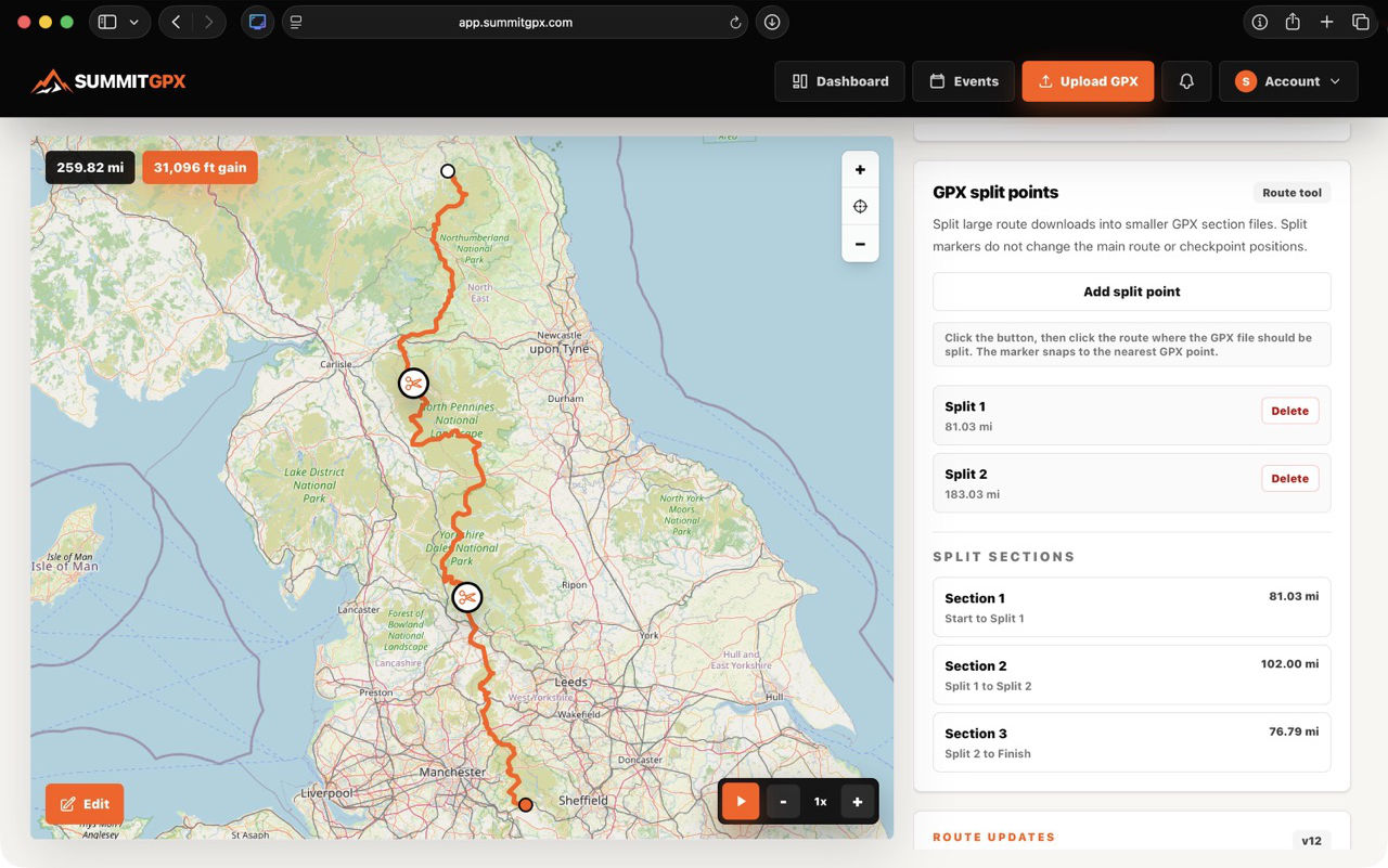 Screenshot of GPX split points panel showing section GPX files