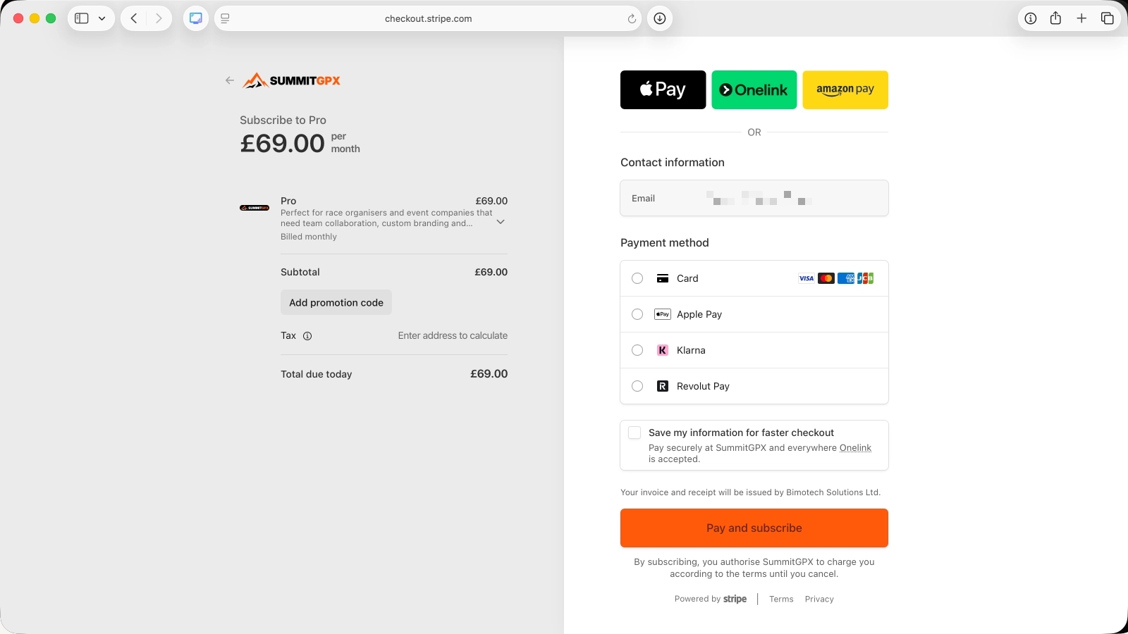 Screenshot of Stripe Checkout for SummitGPX