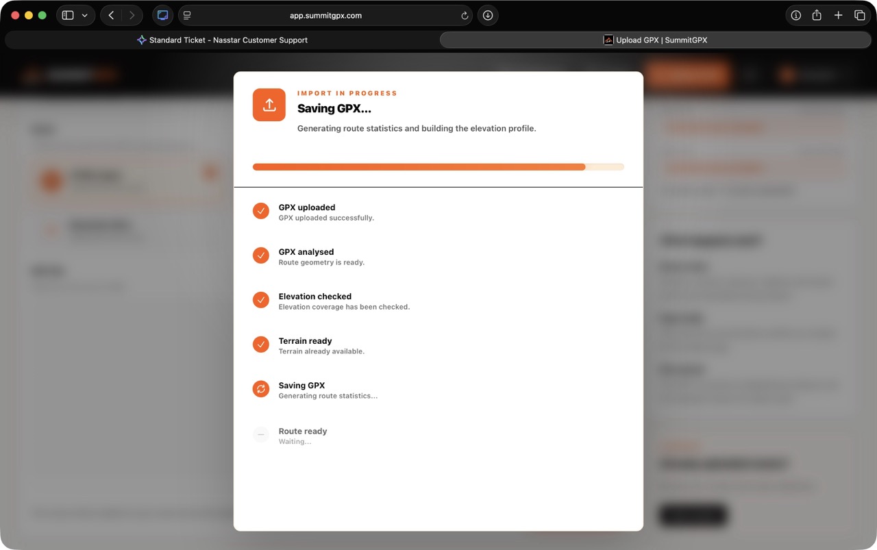 Screenshot of GPX upload progress showing elevation and terrain preparation steps