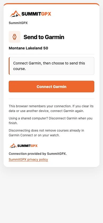 SummitGPX Garmin connection screen with Connect Garmin button
