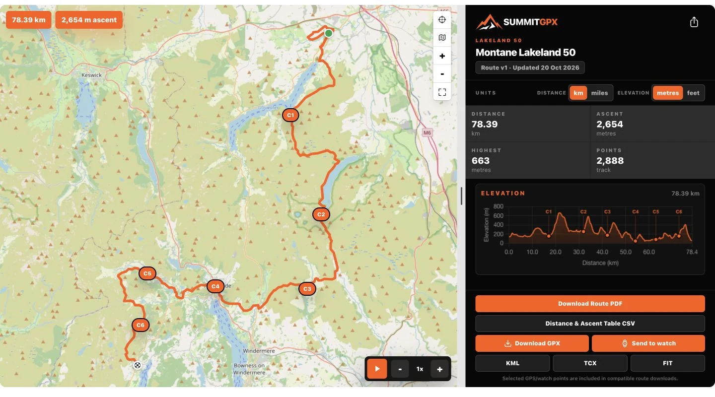 Official Lakeland race route on the SummitGPX map, with elevation profile and Send to watch control