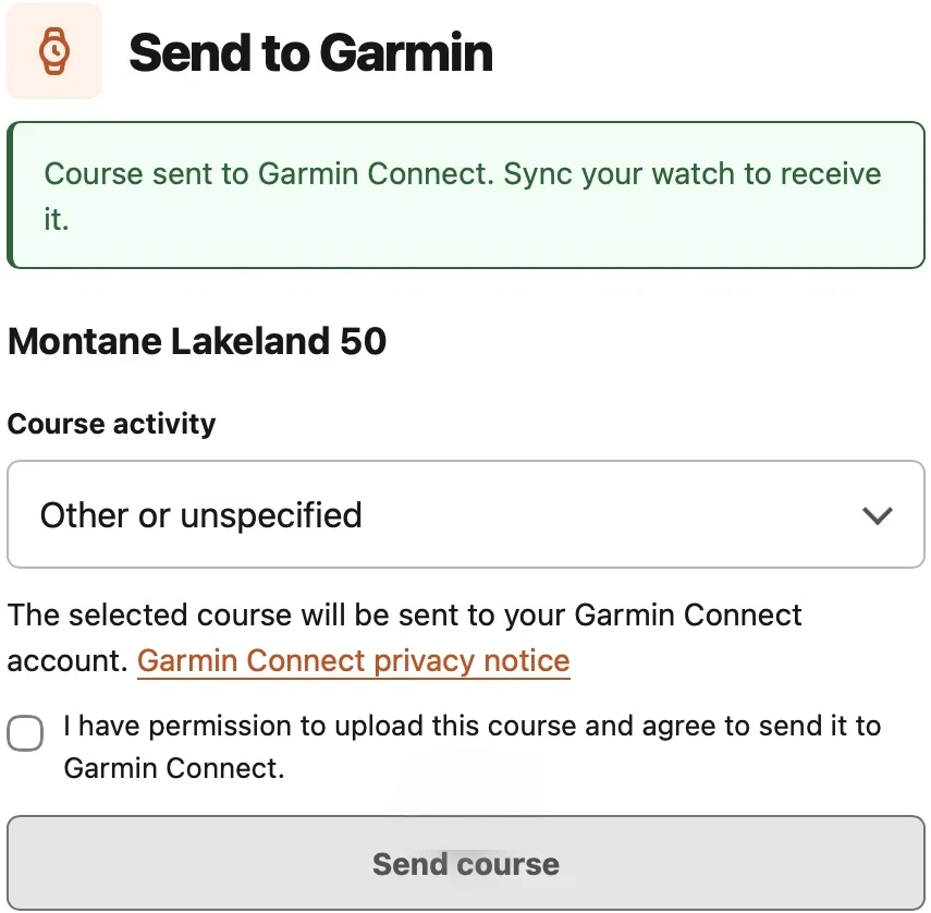 Confirmed course transfer to Garmin Connect, with instructions to sync the watch